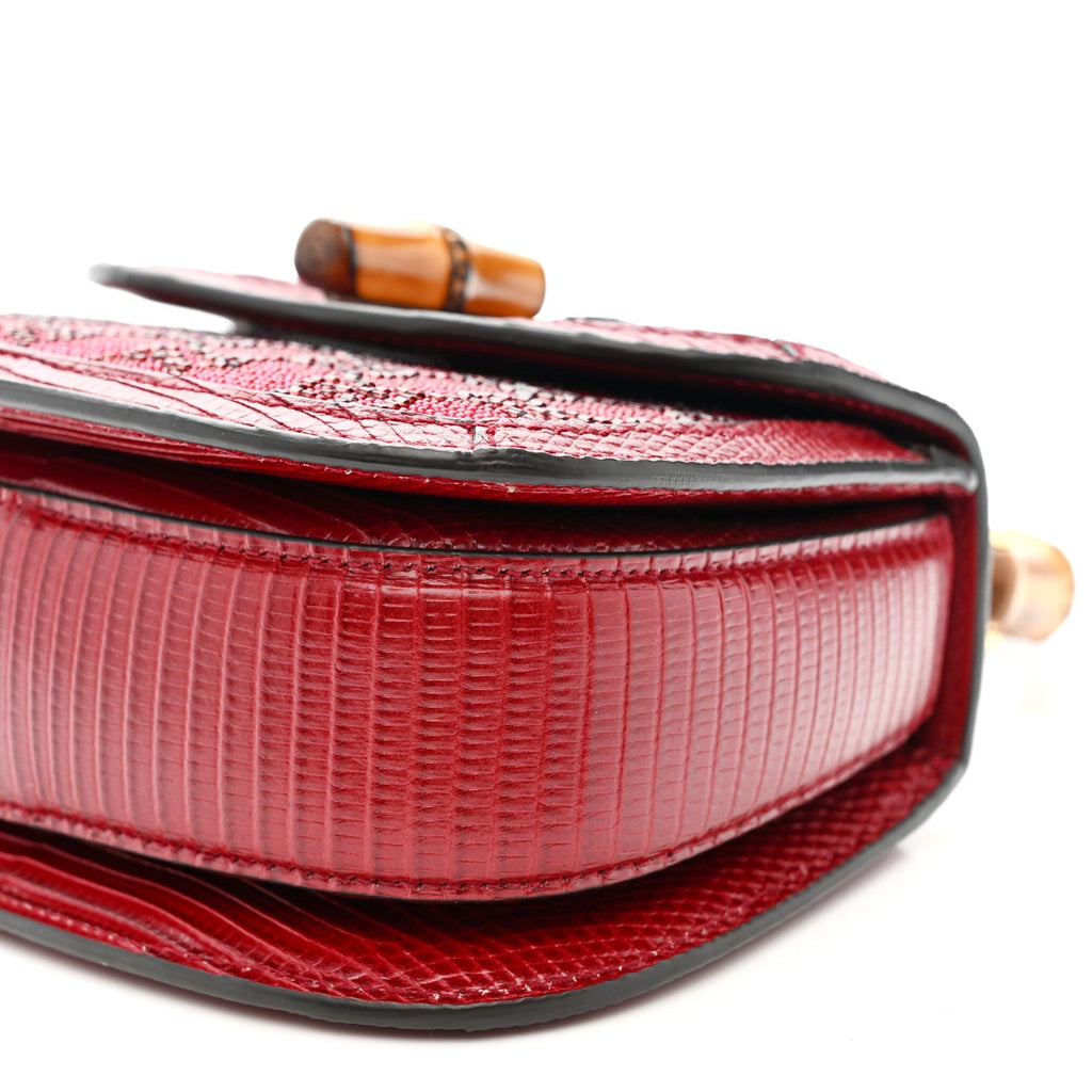 Moire Fabric Calfskin Rhinestone Monogram Monochrome Lizard Embossed Mini Bamboo 1947 Top Handle Chain Bag Red