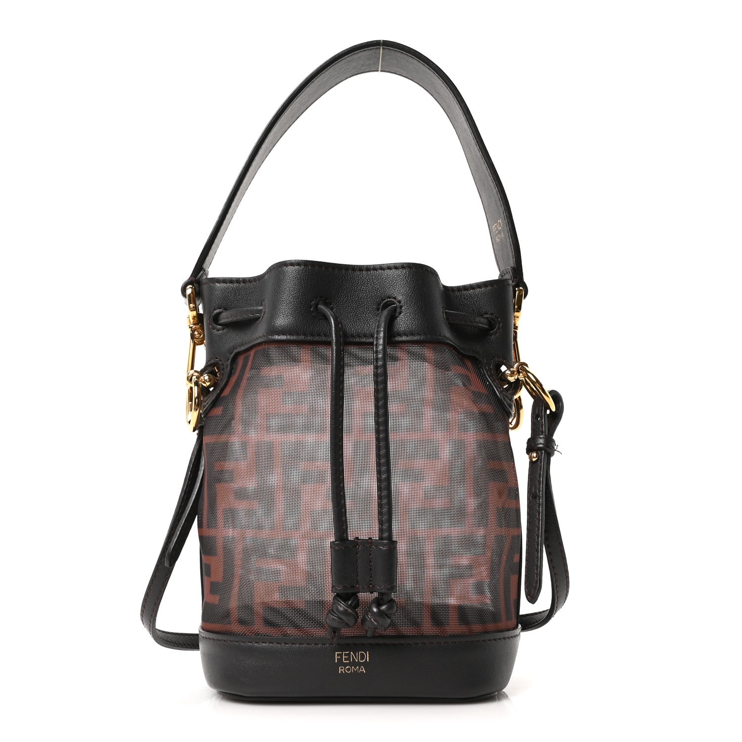 Mesh Vitello Grace F is Fendi FF 1974 Mini Mon Tresor Bucket Bag Marrone Black Ebano