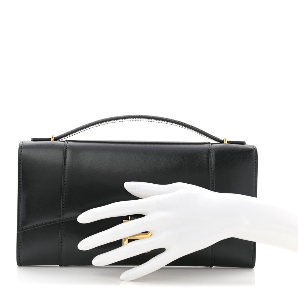 Shiny Calfskin Top Handle Hourglass Clutch Black