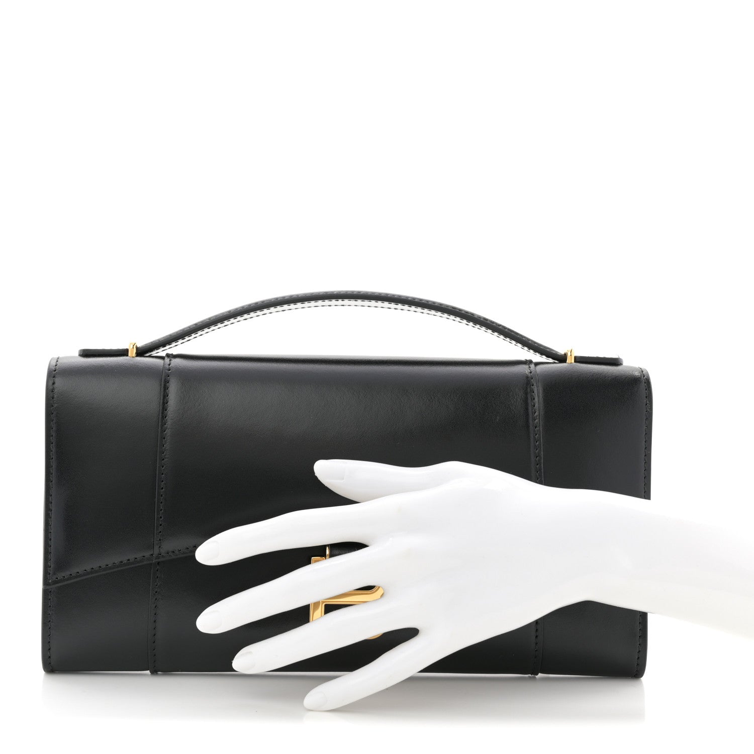 Shiny Calfskin Top Handle Hourglass Clutch Black