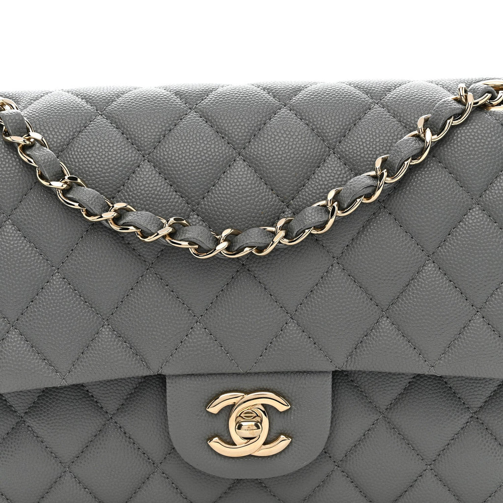 Caviar Quilted Medium Double Flap Grey