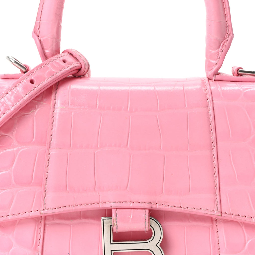 Shiny Calfskin Crocodile Embossed Hourglass Top Handle Bag XS Sweet Pink