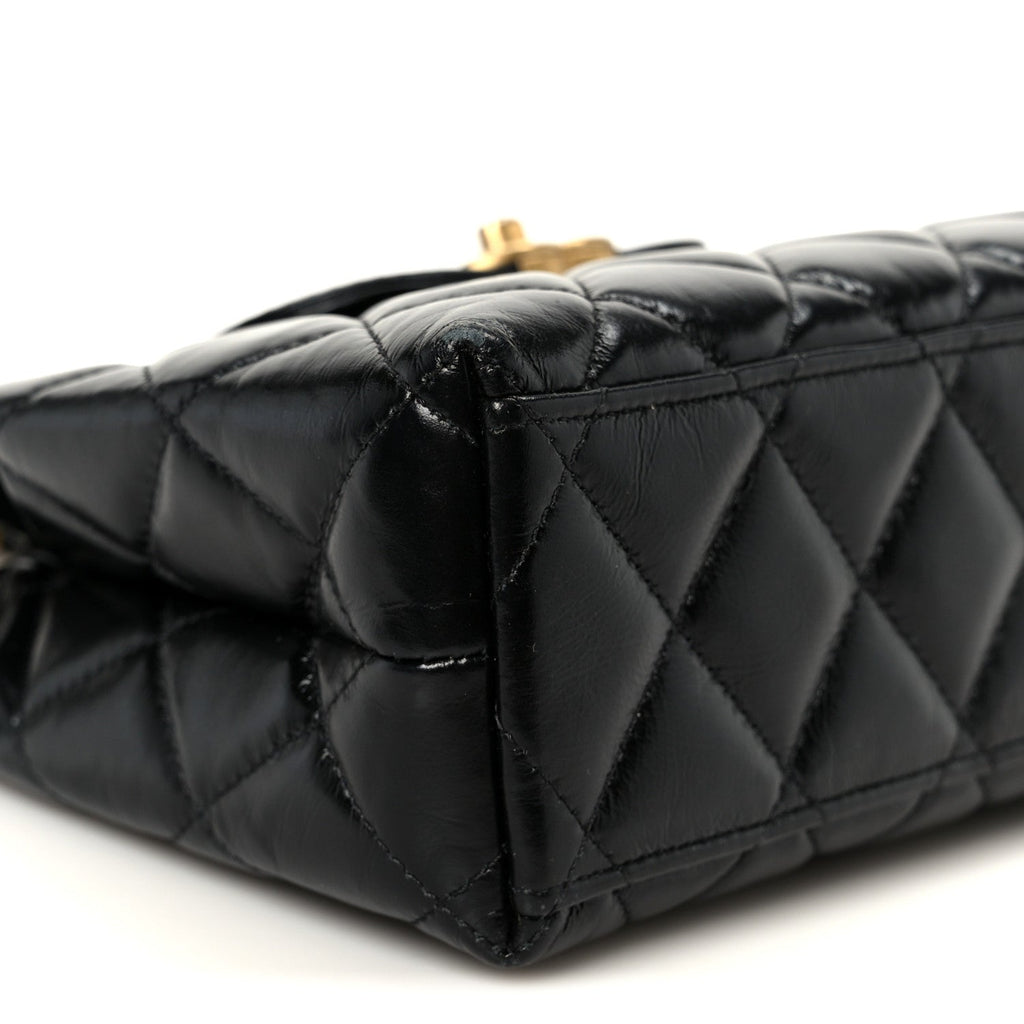 Shiny Aged Calfskin Quilted Nano Kelly Shopper Black