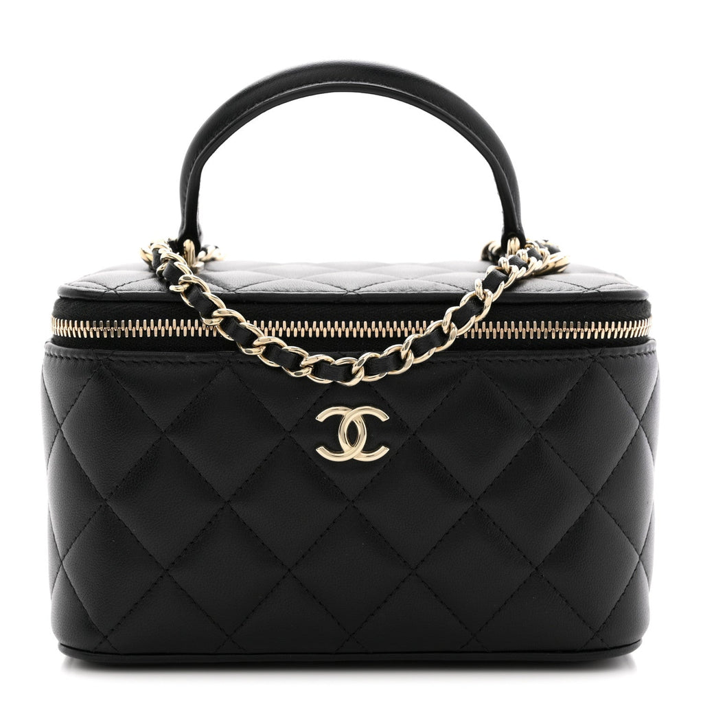 Lambskin Quilted Small Top Handle Vanity Case With Chain Black
