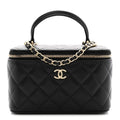 Lambskin Quilted Small Top Handle Vanity Case With Chain Black