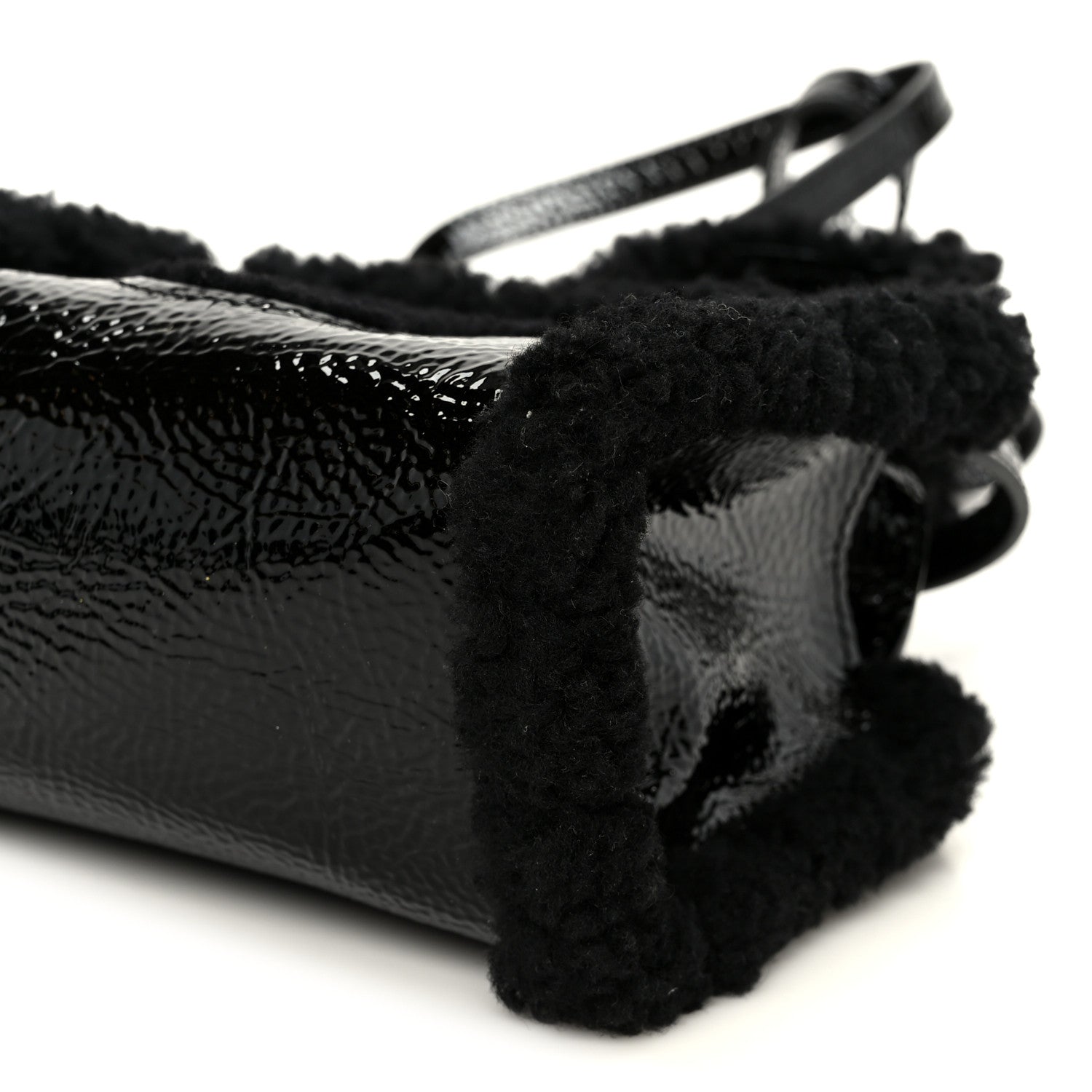X UGG Crinkle Patent Shearling Small Shopping Bag Black