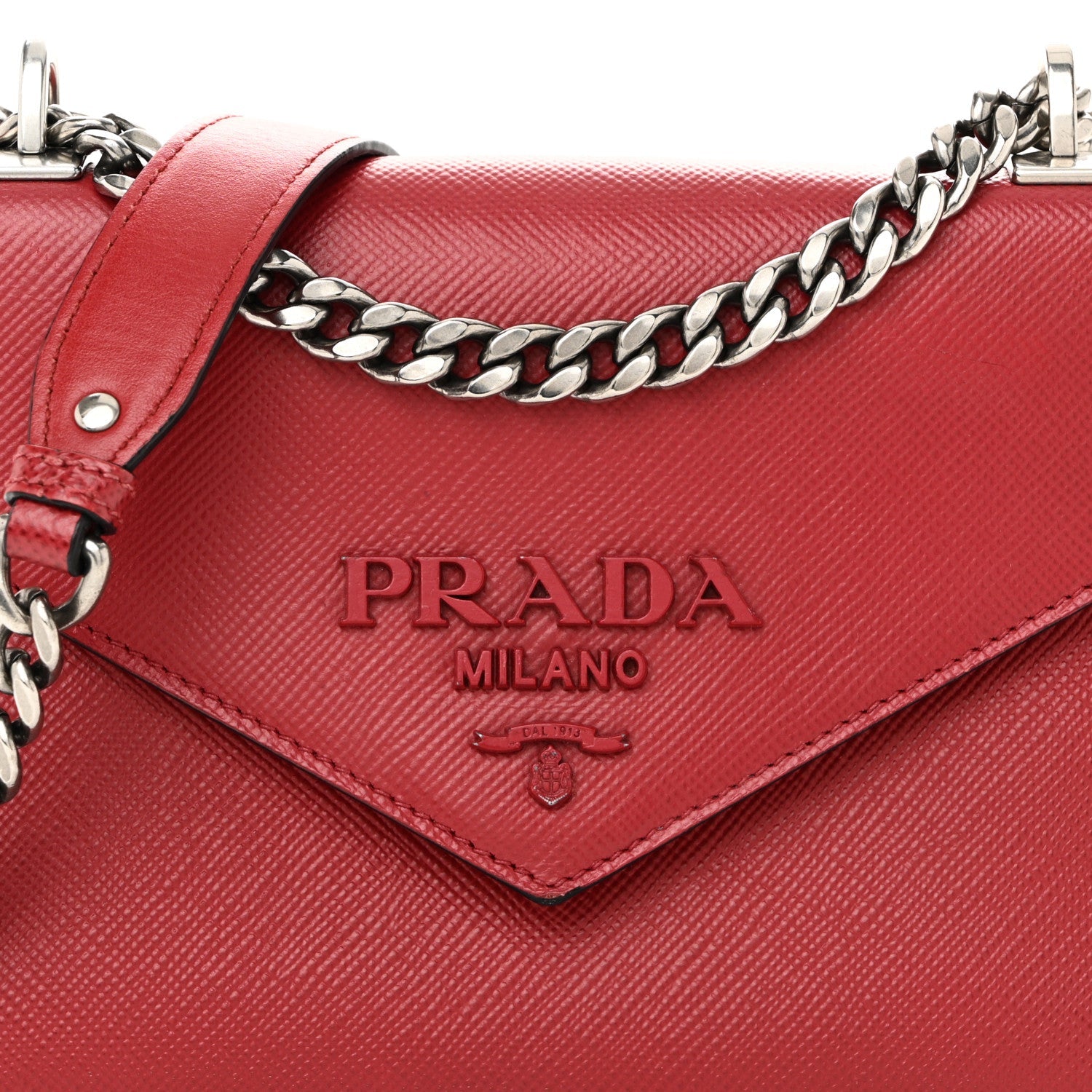 Saffiano Cuir Calfskin Monochrome Envelope Flap Chain Shoulder Bag Fuoco