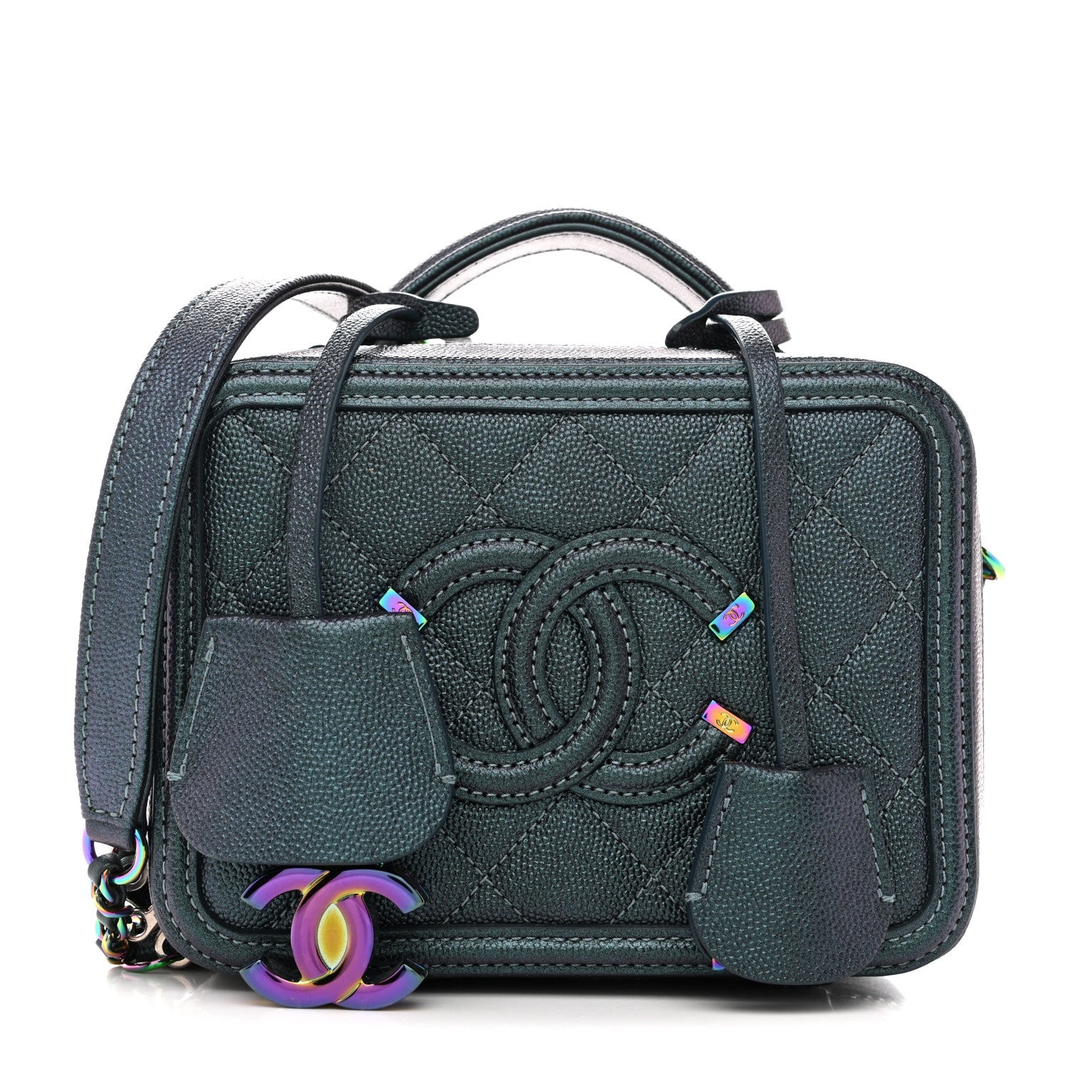 Iridescent Caviar Quilted Small CC Filigree Vanity Case Dark Turquoise