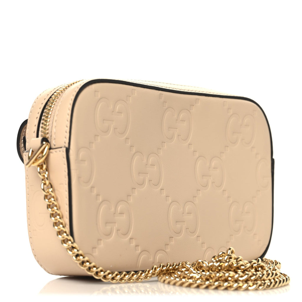 Calfskin GG Super Mini Debossed Chain Wallet Light Beige