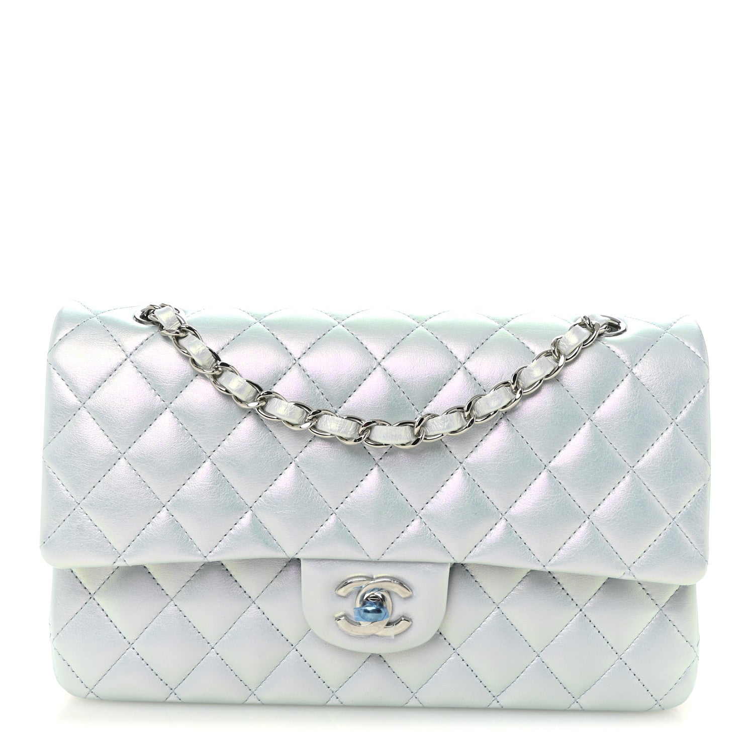 Iridescent Calfskin Quilted Medium Double Flap Light Blue