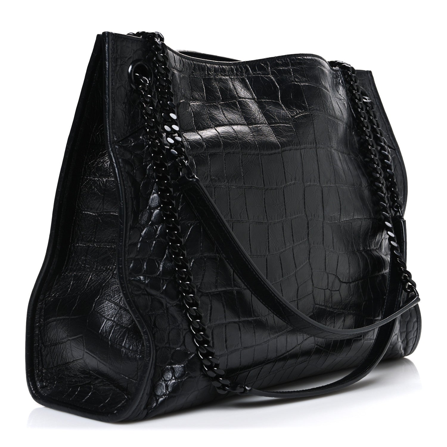 Calfskin Crocodile Embossed Monogram Medium Niki Shopping Bag Black