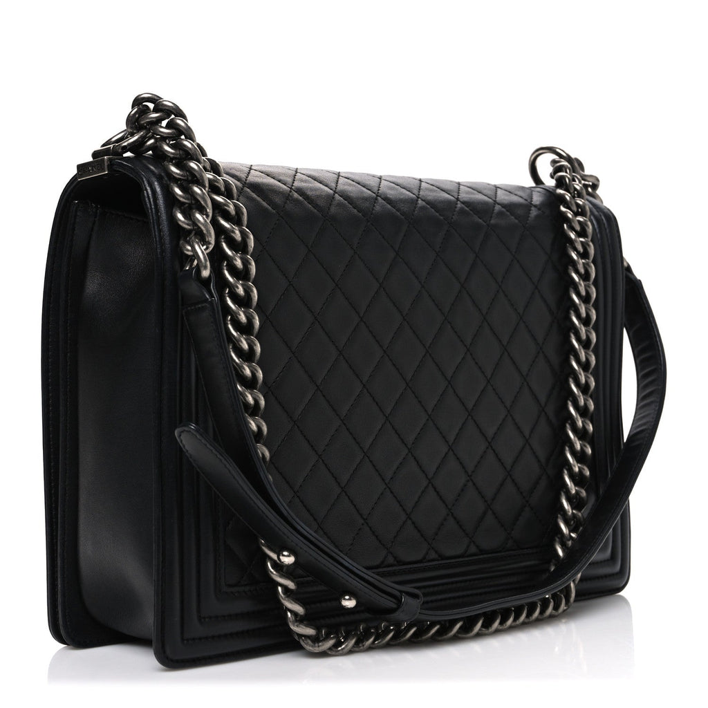 Lambskin Quilted Large Boy Flap Black