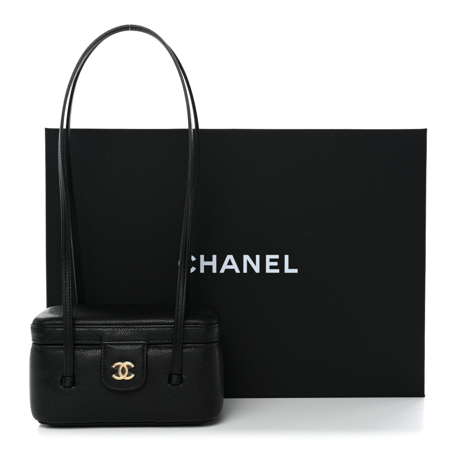 Shiny Caviar Preppy Coco Long Vanity With Strap Black