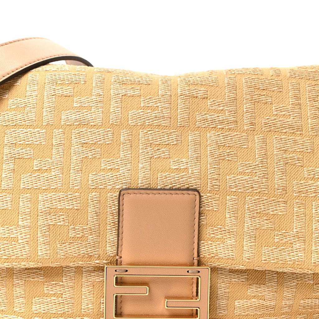 Fabric Jacquard Raffia Straw Fringe Medium Mamma Baguette Beige