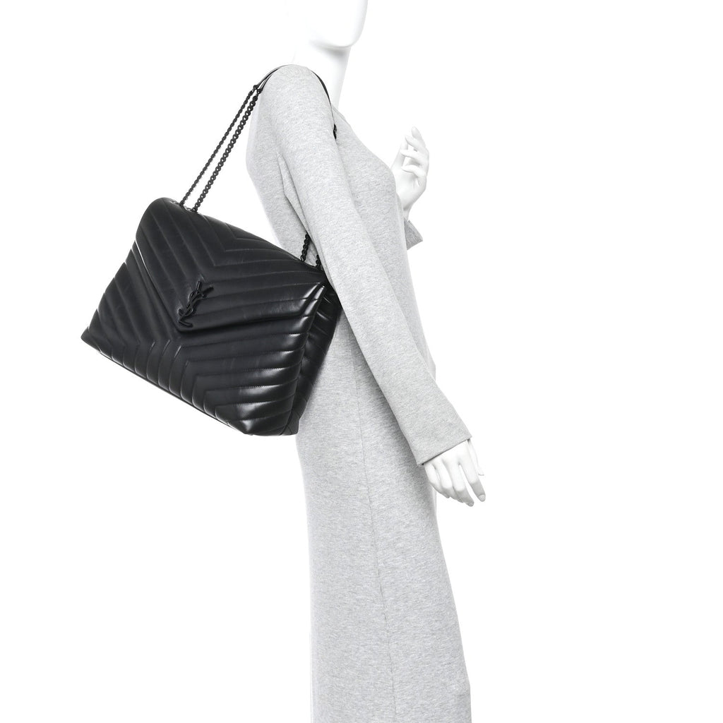Calfskin Y Quilted Monogram Monochrome Large Loulou Chain Satchel Black