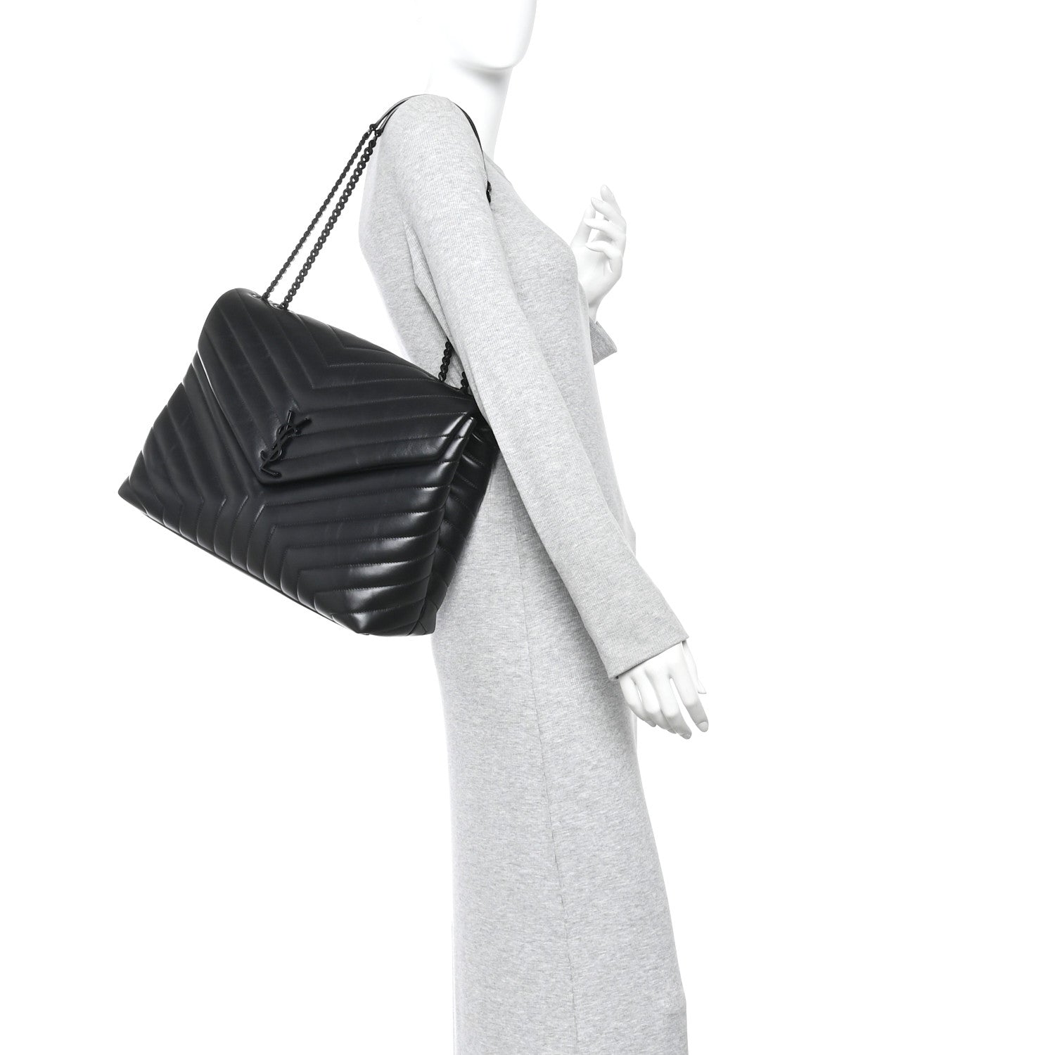 Calfskin Y Quilted Monogram Monochrome Large Loulou Chain Satchel Black