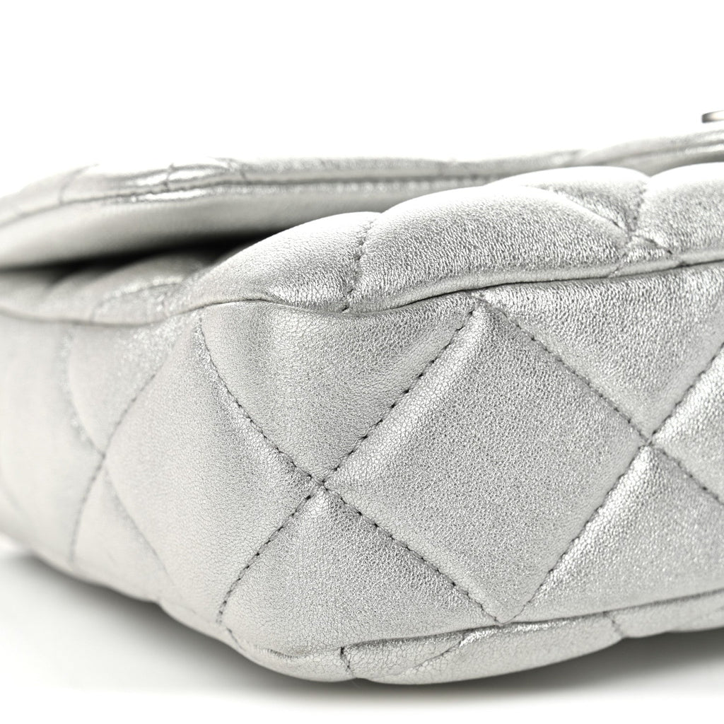 Metallic Lambskin Lacquered Quilted Small Flap Silver