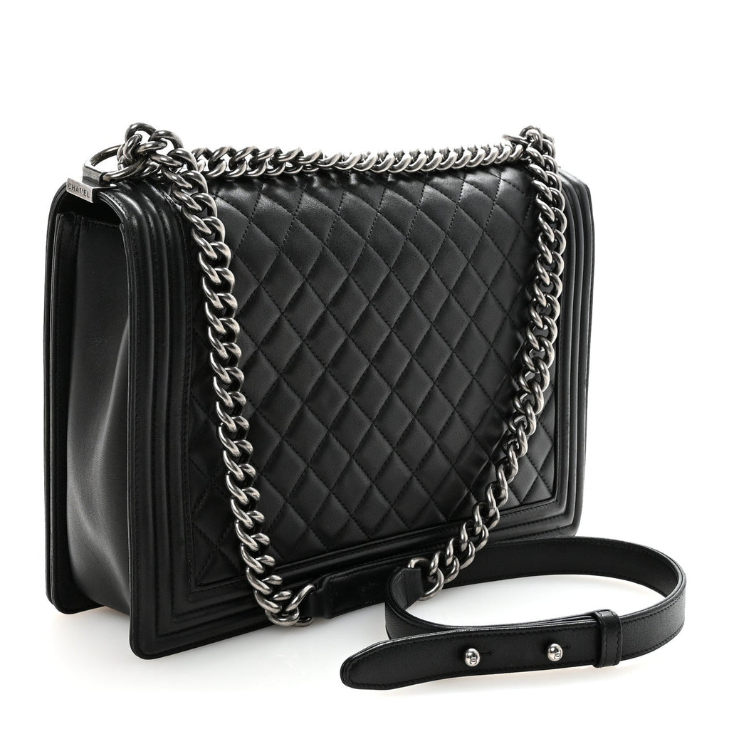Lambskin Quilted Large Boy Flap Black