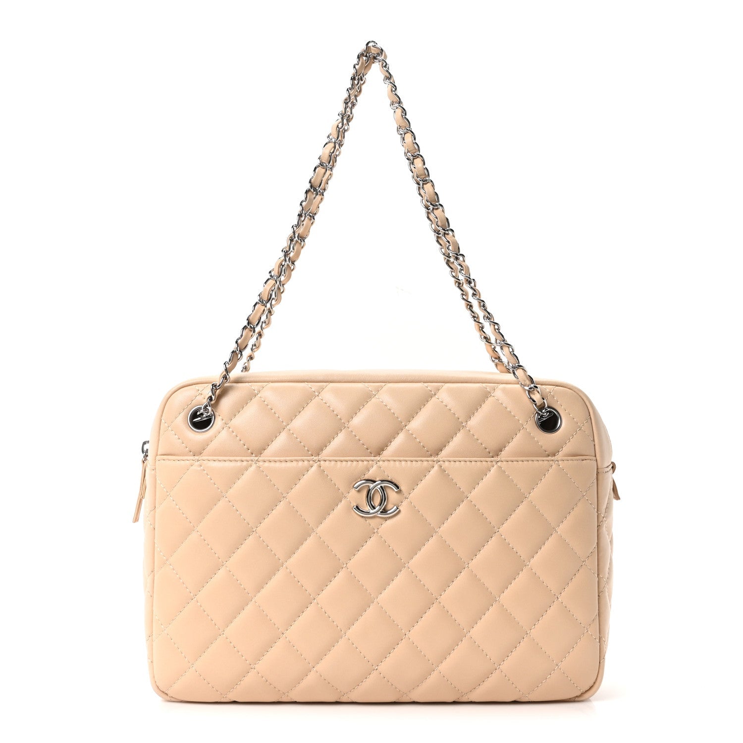 Shiny Lambskin Quilted Medium Camera Case Beige