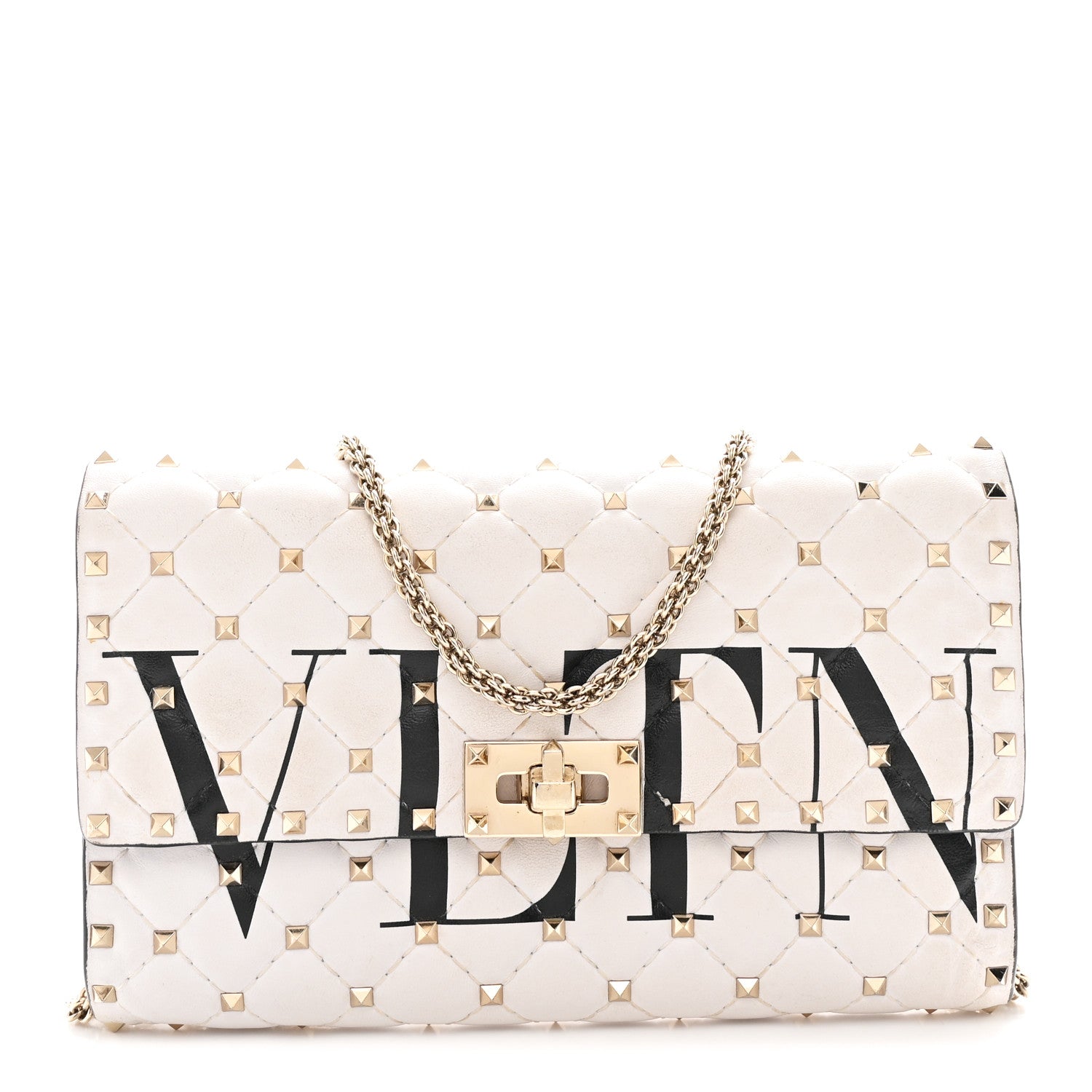 Lambskin VLTN Print Rockstud Spike Wallet On Chain White