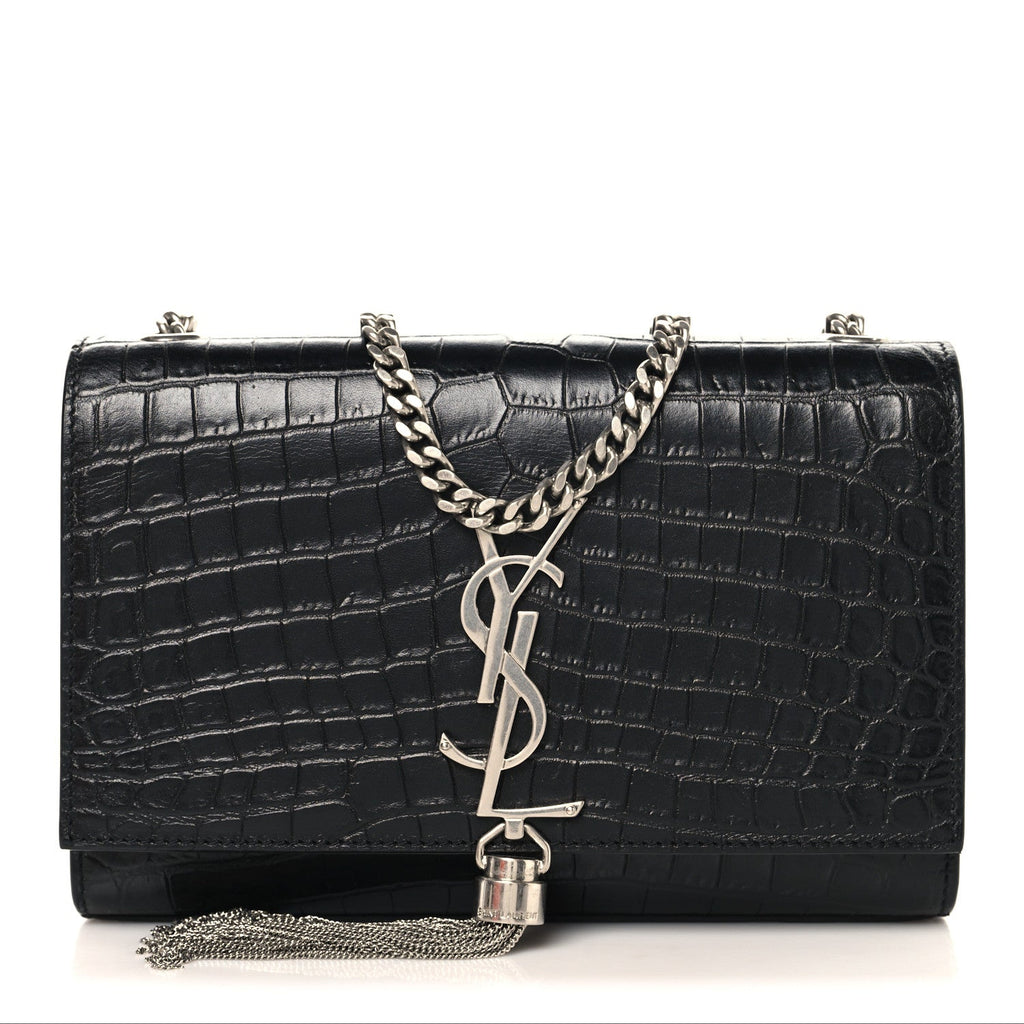 Calfskin Crocodile Embossed Small Classic Monogram Kate Tassel Satchel Black