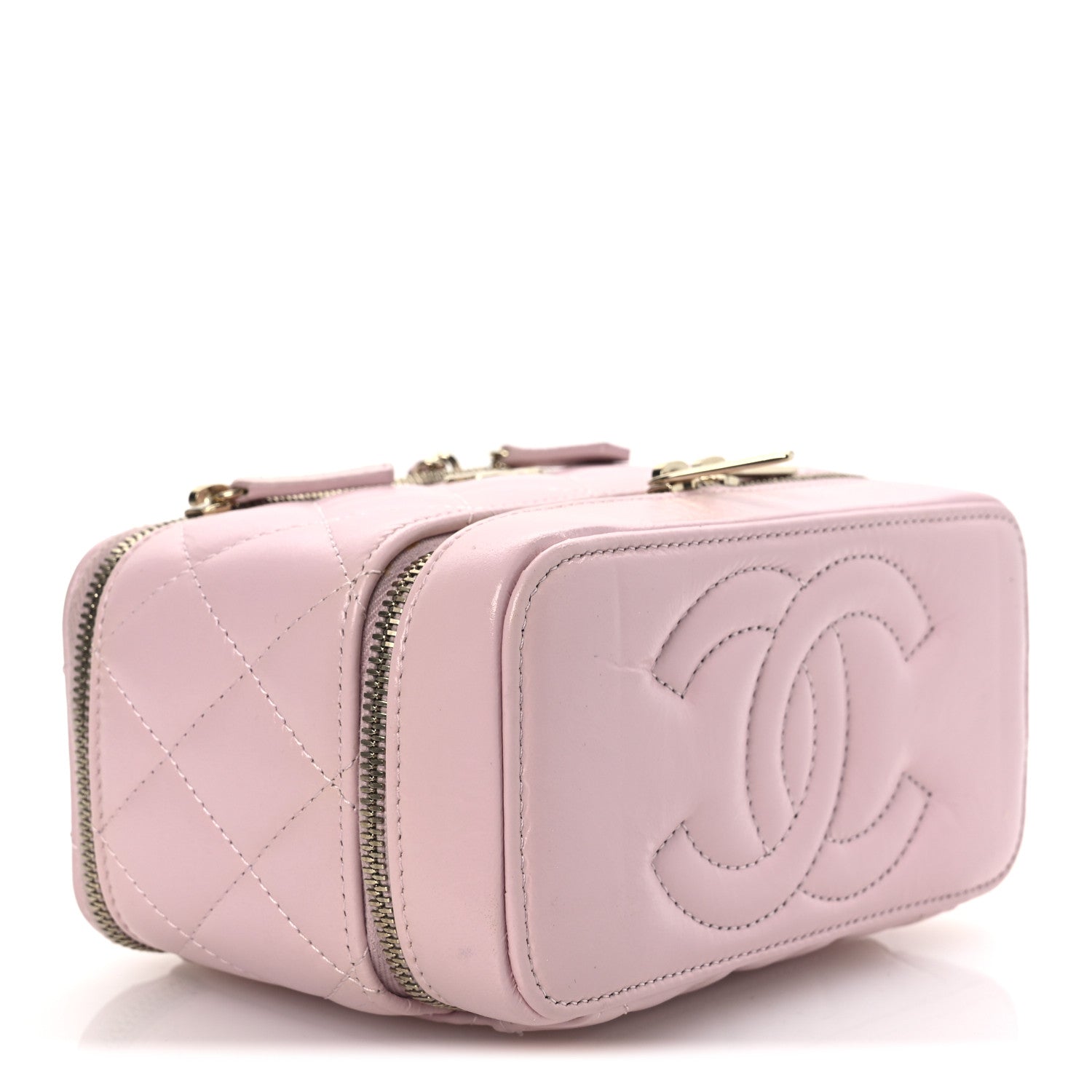 Shiny Lambskin Quilted Top Handle Vanity Case With Chain Pink