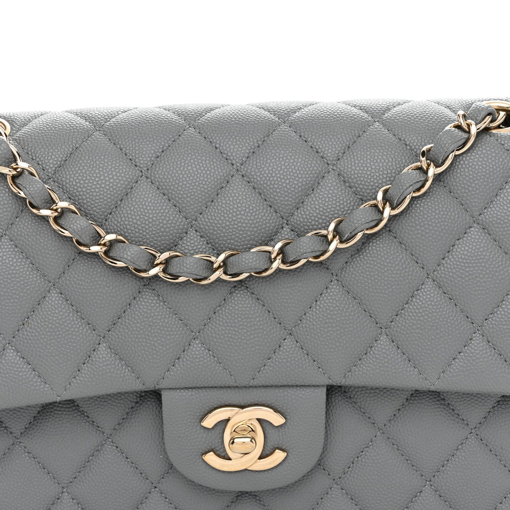 Caviar Quilted Medium Double Flap Grey