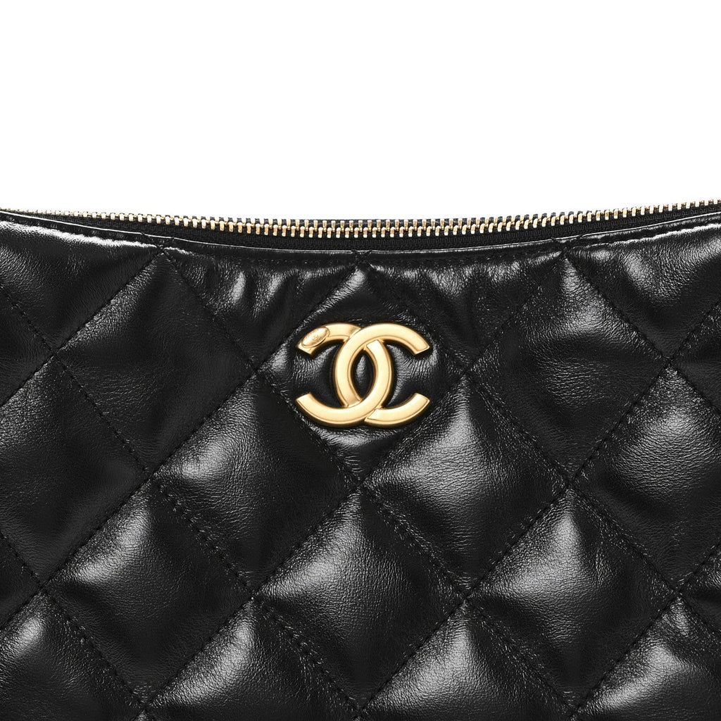 Shiny Lambskin Quilted CC Hobo Black