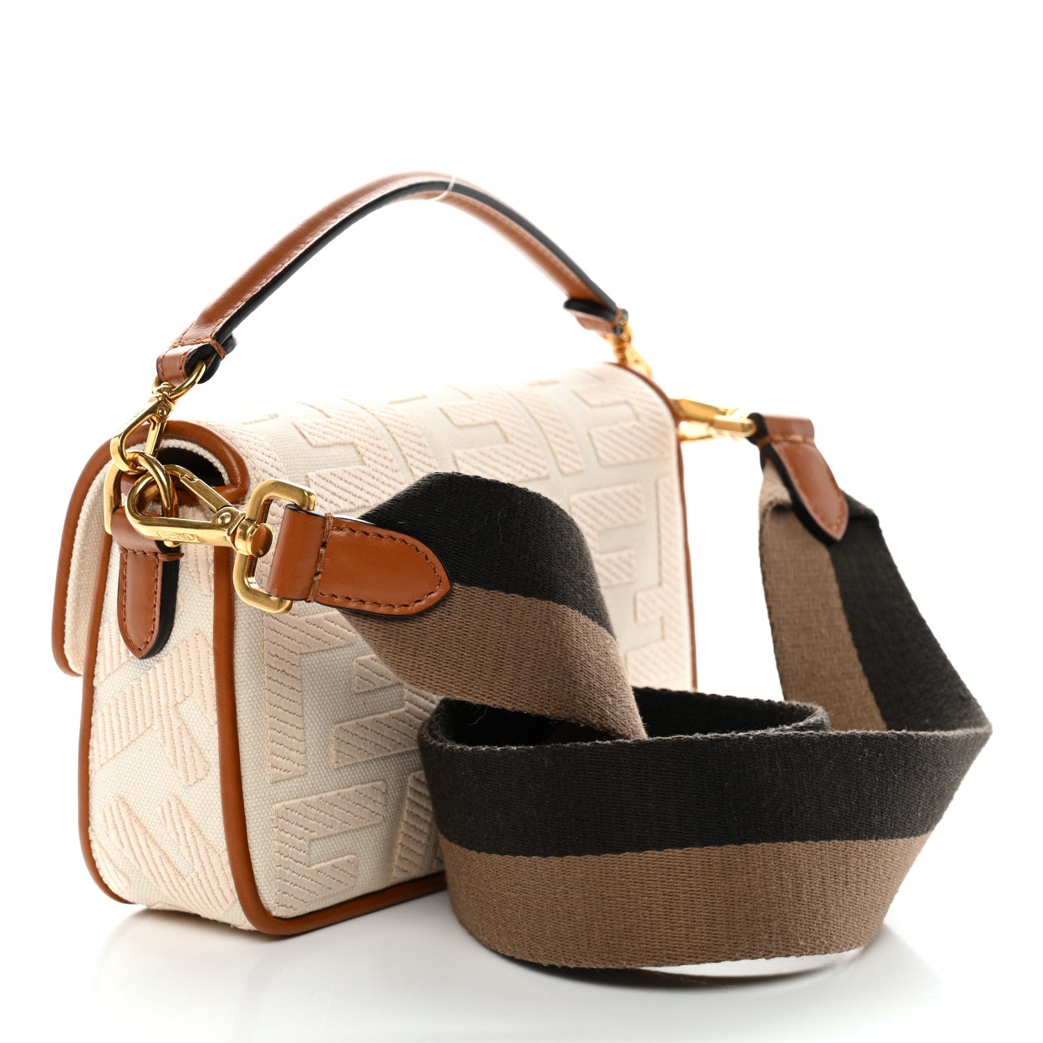 Canvas Vitello King Bi-Color Strap FF Embroidered Mini Baguette Grezzo Brandy Cuoio