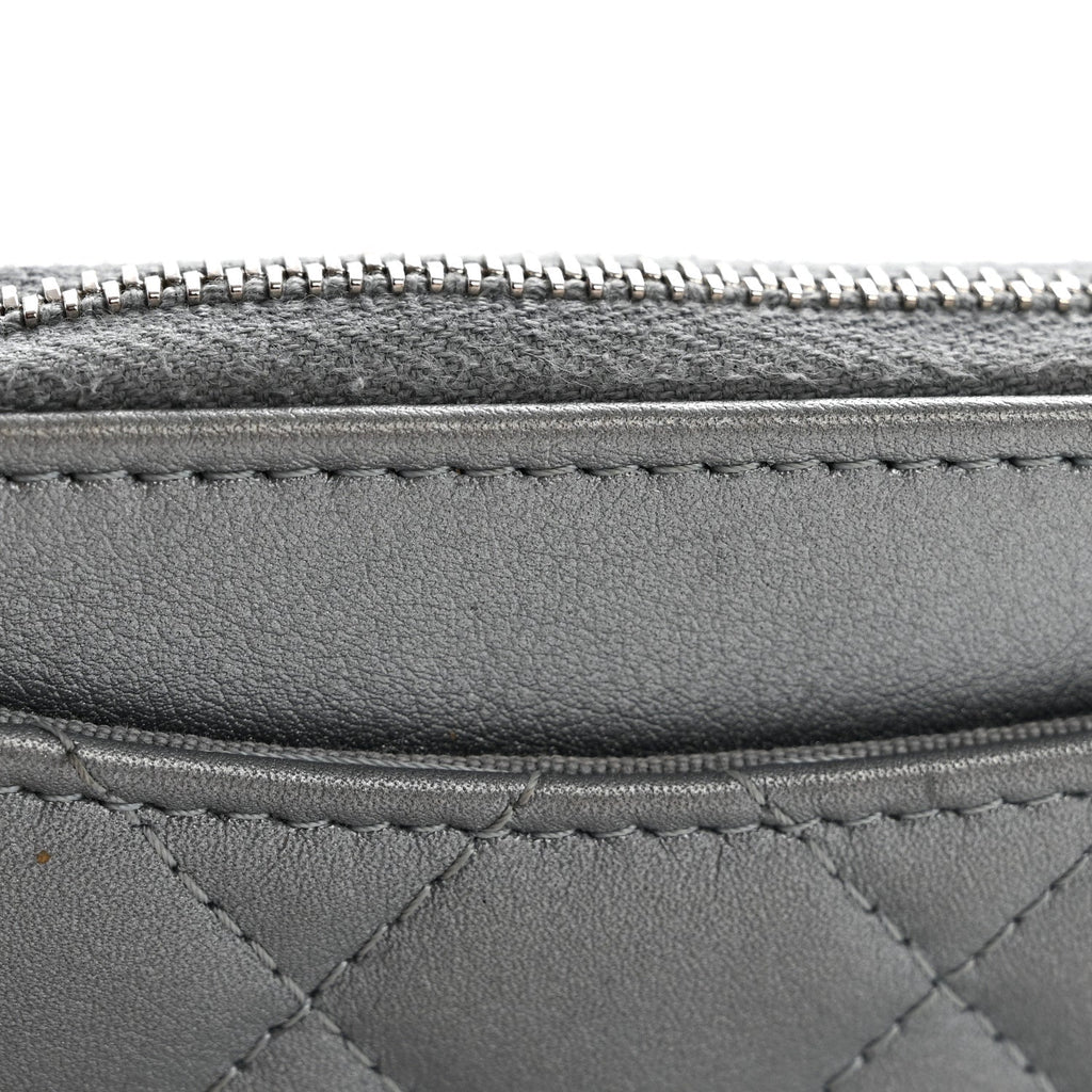 Metallic Lambskin Quilted Zip Around Coin Purse Wallet Silver