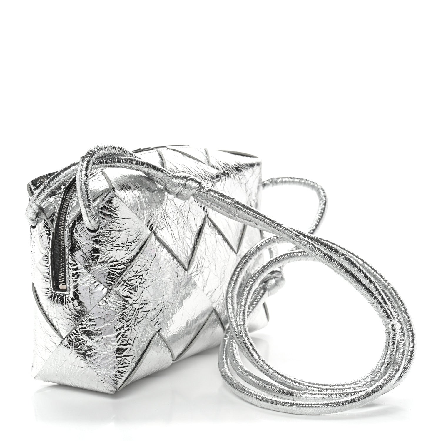 Metallic Crinkled Lambskin Maxi Intrecciato Small Cassette Camera Bag Silver