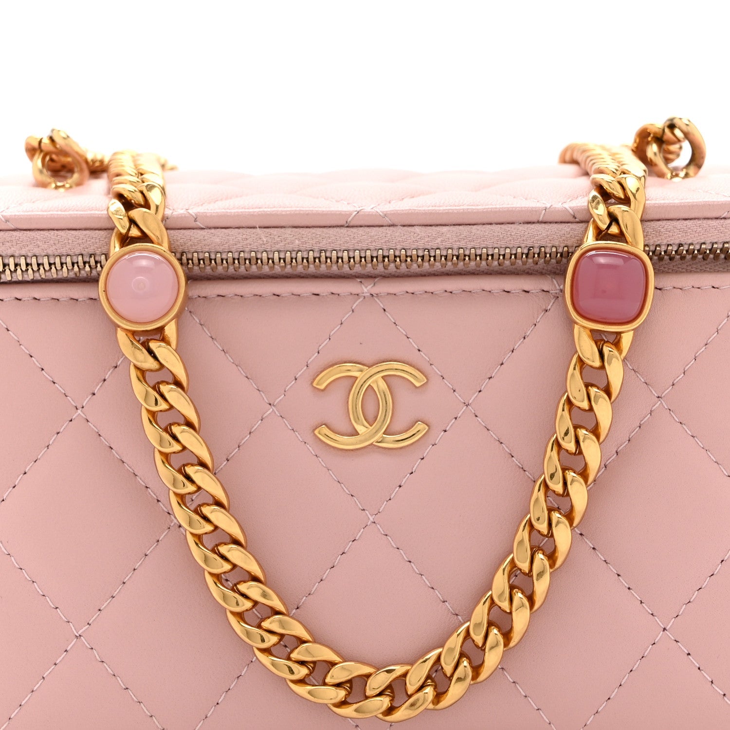 Caviar Quilted Pearl Enamel Small Vanity Case With Chain Light Pink