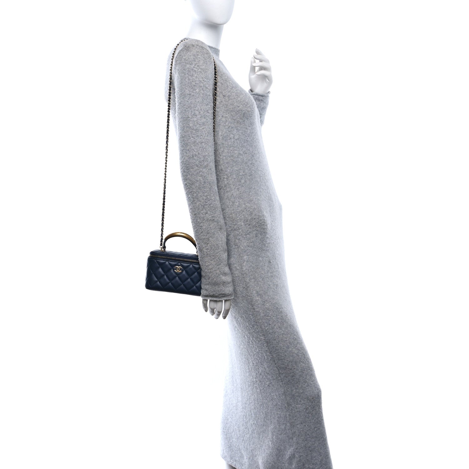 Lambskin Quilted Metal Small Top Handle Vanity Case With Chain Blue