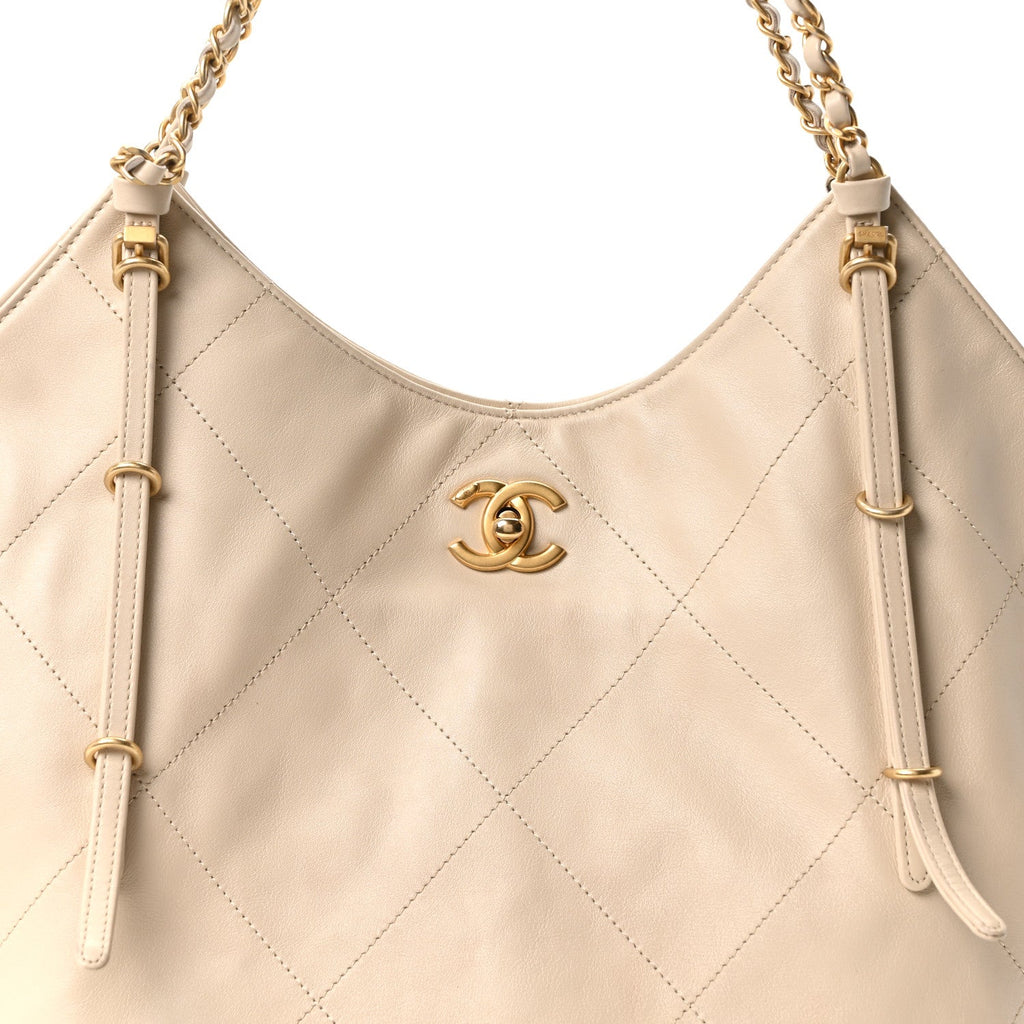 Calfskin Quilted Small Shopping Bag Beige