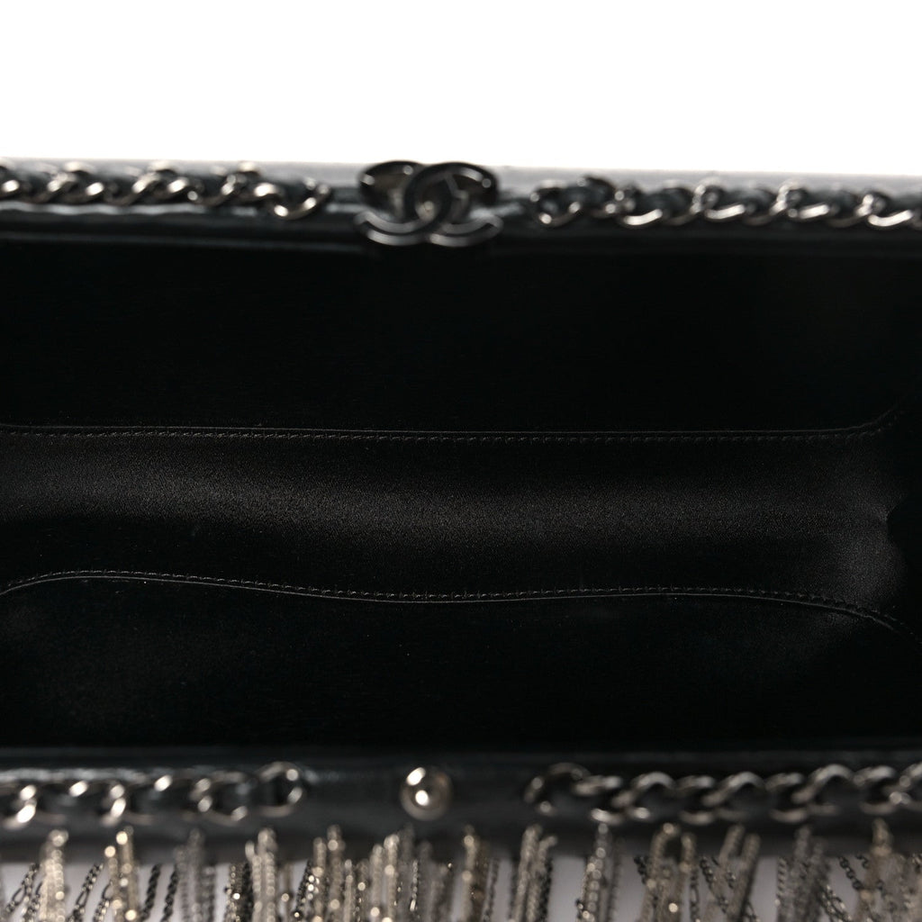Lambskin Chain Fringe Clutch With Chain  Black