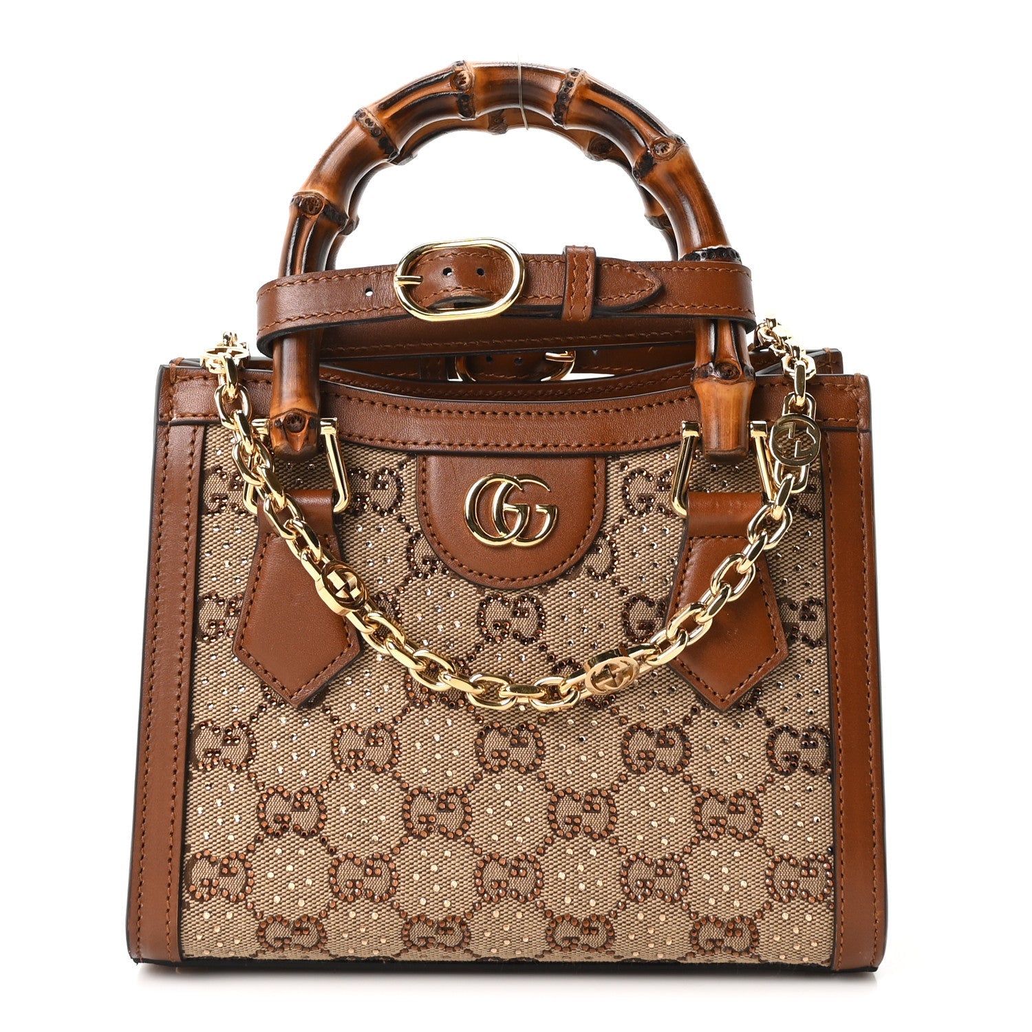 New Canvas Charisma Calfskin Crystal GG Monogram Mini Diana Tote Bag Camel Ebony