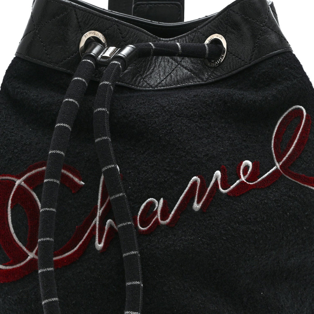 Wool Calfskin Embroidered Paris Hamburg Drawstring Backpack Black