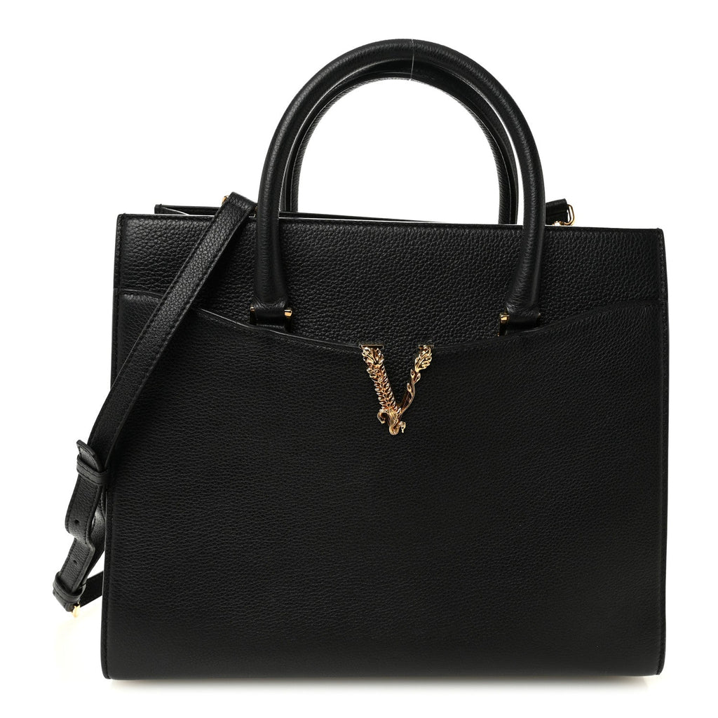Grainy Calfskin Large Virtus Top Handle Tote Black