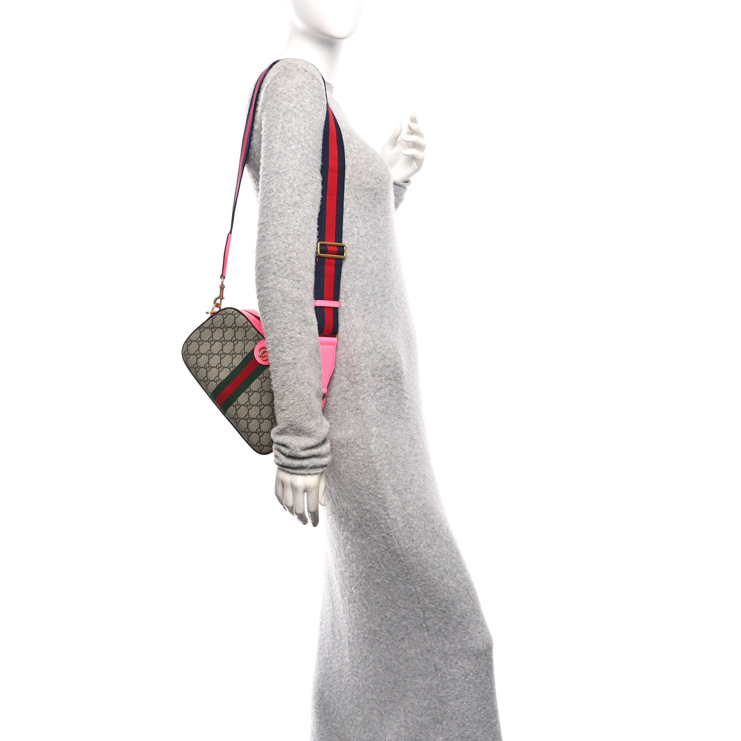 GG Supreme Monogram Textured Dollar Calfskin Web Ophidia Small Crossbody Bag Beige Ebony Fuchsia