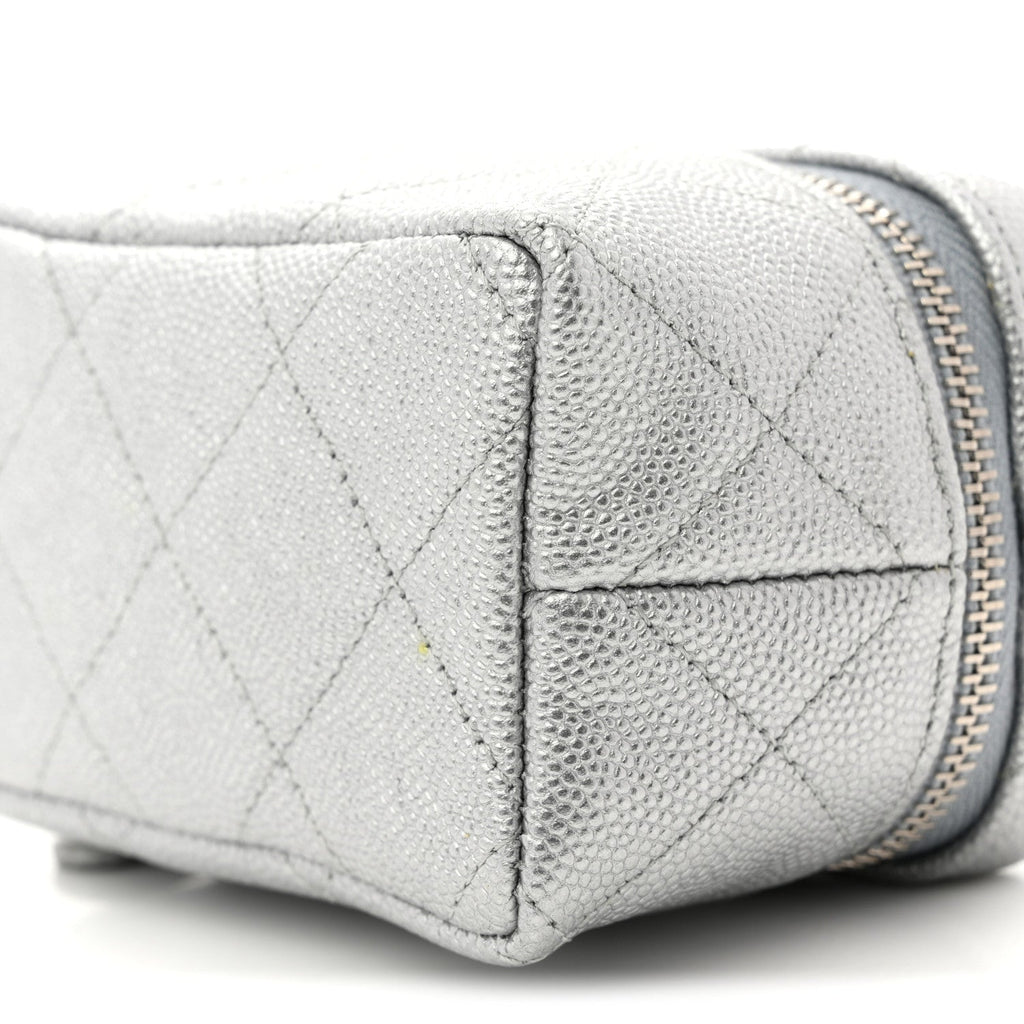 Metallic Caviar Quilted Mini Top Handle Vanity With Chain Silver