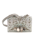 Suede Calfskin Crystal Studded Mini Jeweled Knuckle Satchel Silver