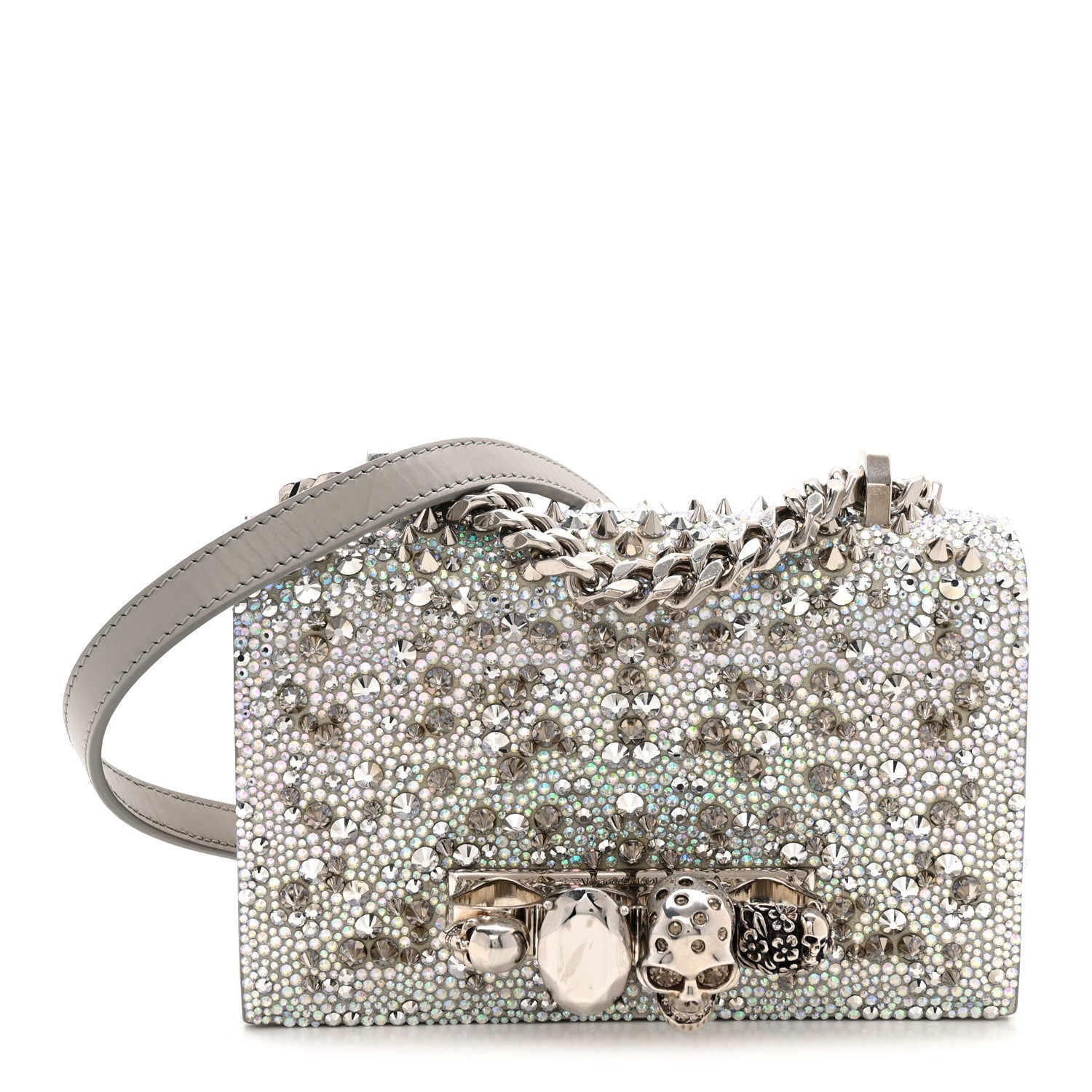 Suede Calfskin Crystal Studded Mini Jeweled Knuckle Satchel Silver