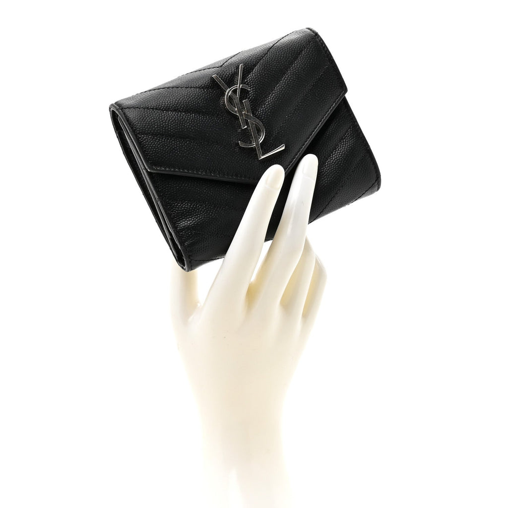 Grain De Poudre Matelasse Chevron Monogram Compact Tri Fold Wallet Black