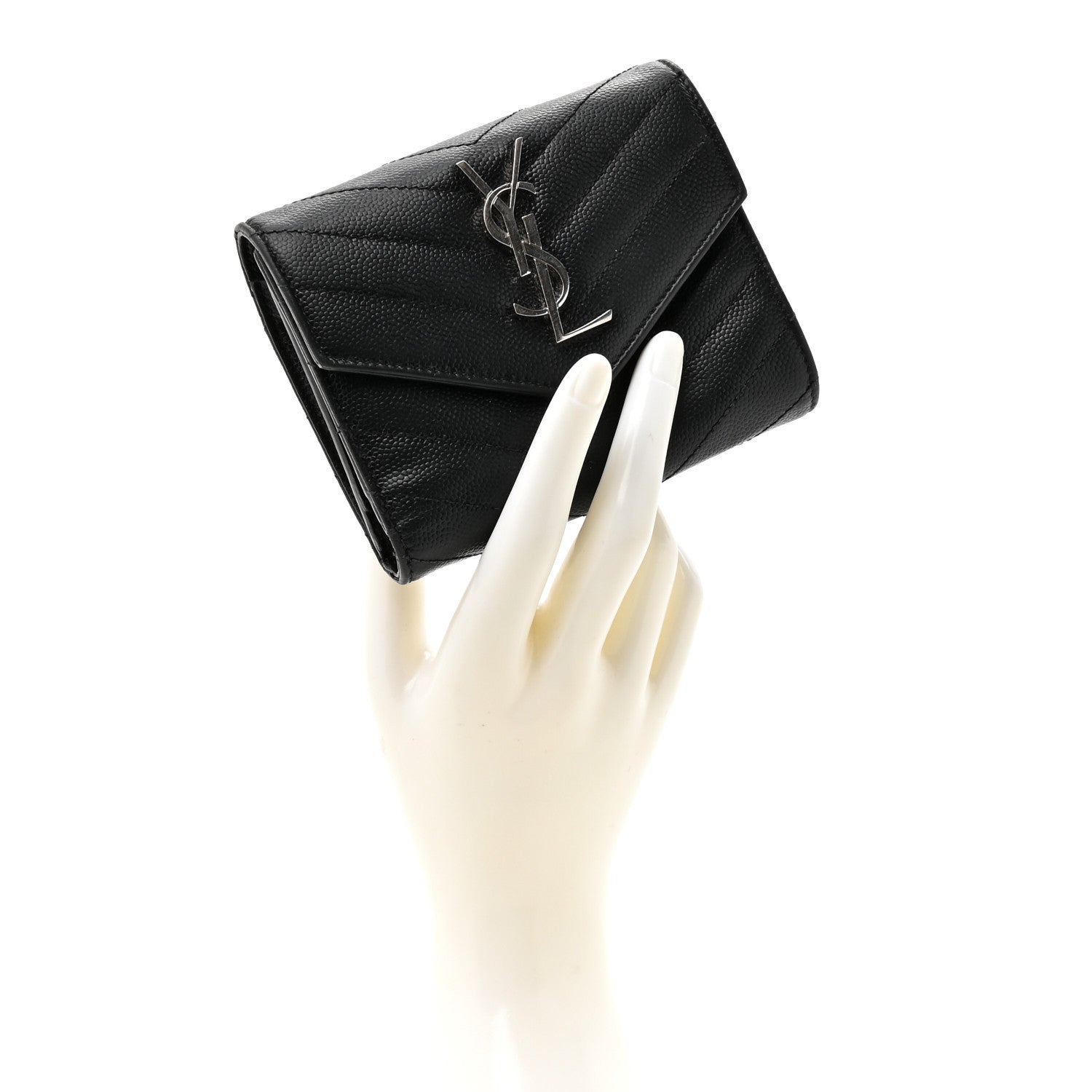 Grain De Poudre Matelasse Chevron Monogram Compact Tri Fold Wallet Black
