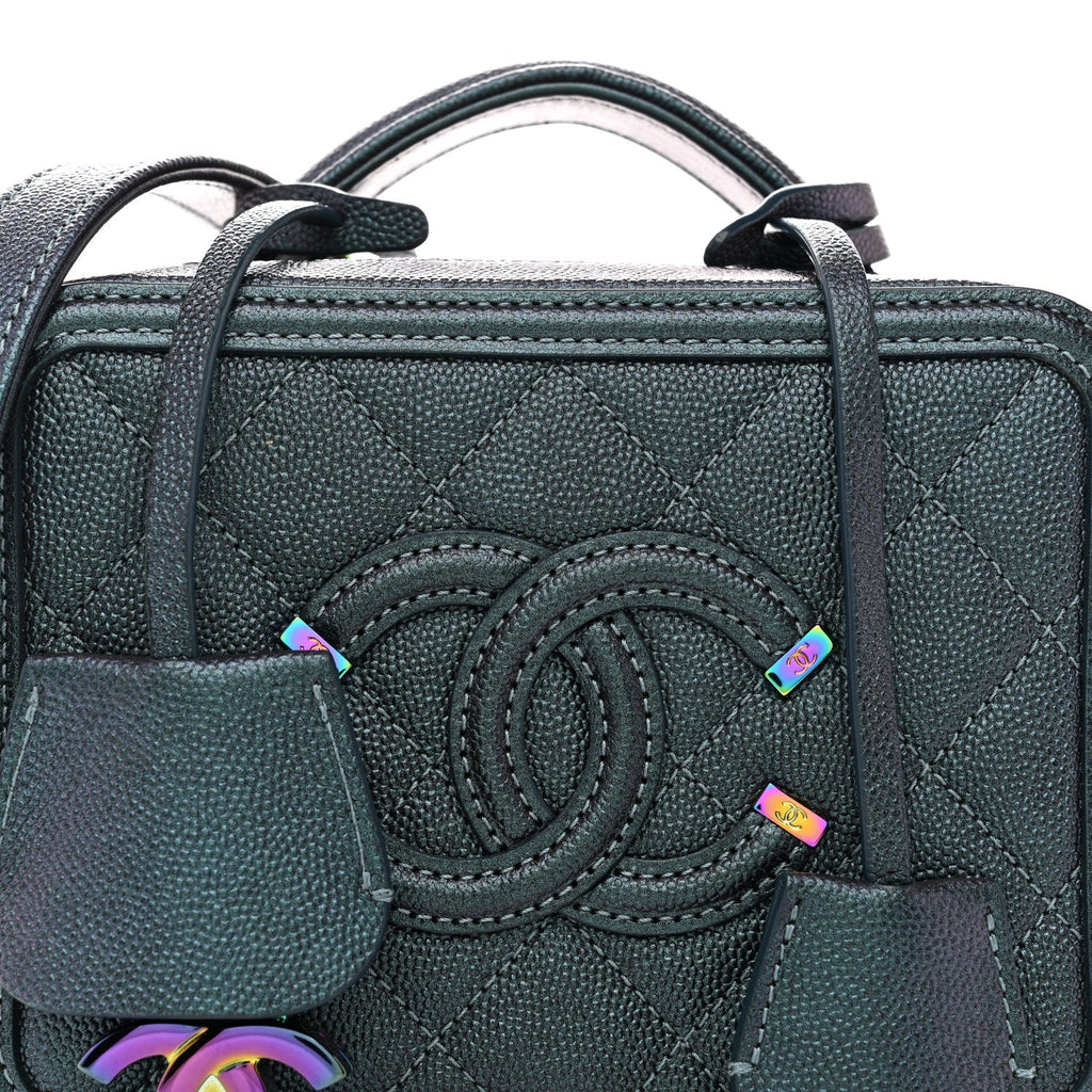 Iridescent Caviar Quilted Small CC Filigree Vanity Case Dark Turquoise