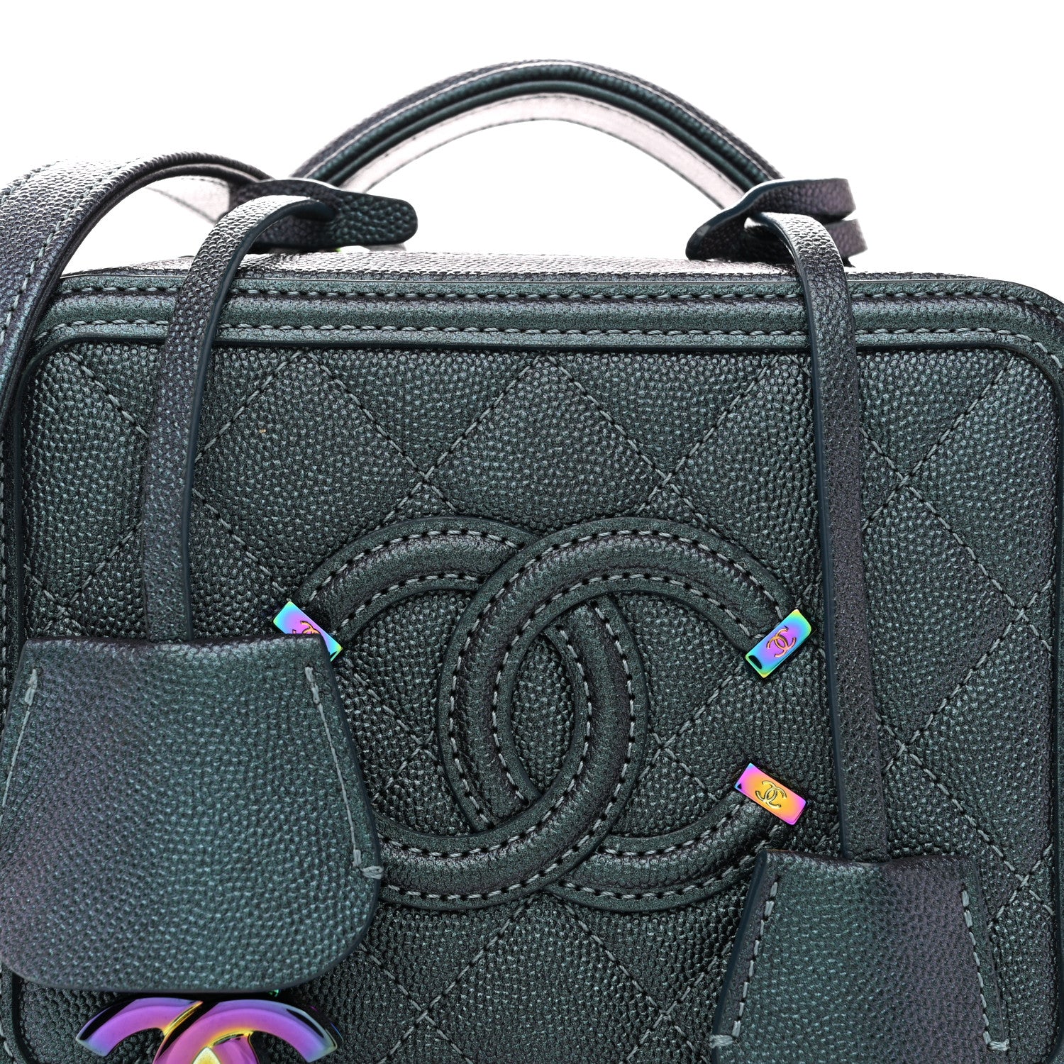 Iridescent Caviar Quilted Small CC Filigree Vanity Case Dark Turquoise