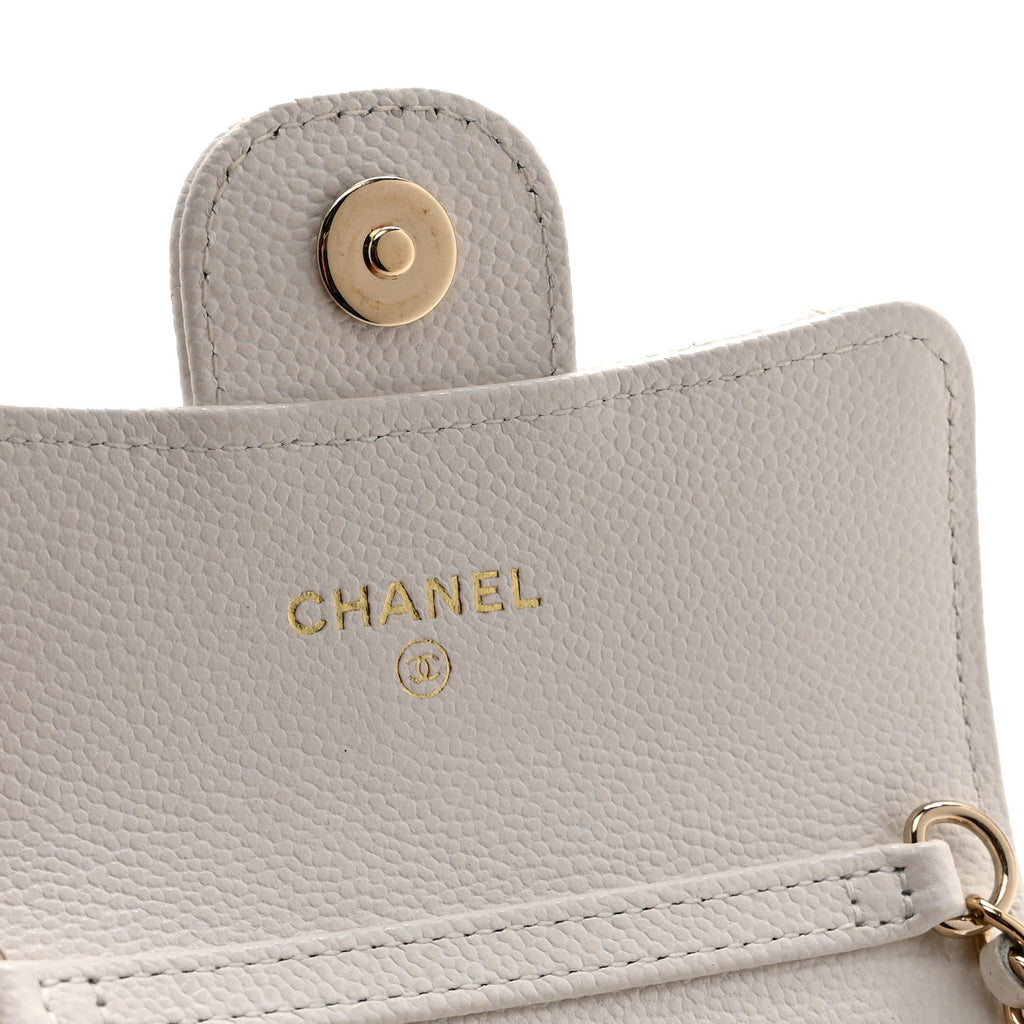 Caviar Quilted Flap  Holder On Chain White