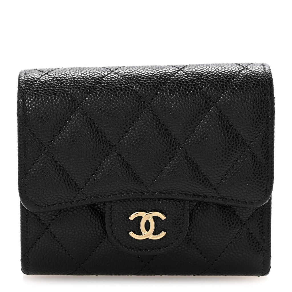 Caviar Quilted Compact Flap Wallet Black
