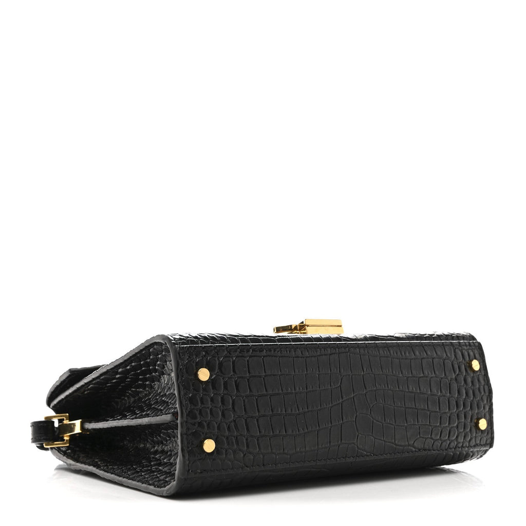 Calfskin Crocodile Embossed Mini Classic Monogram Cassandra Top Handle Black