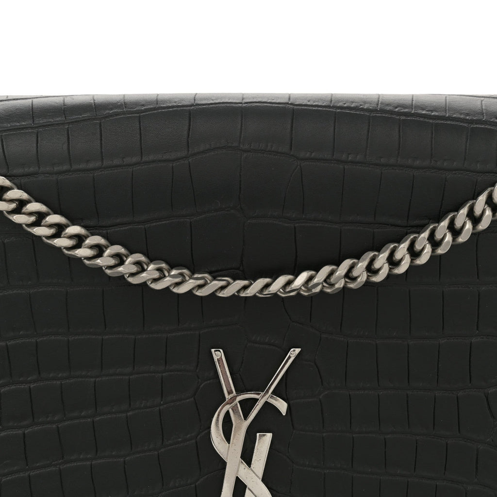 Calfskin Crocodile Embossed Large Classic Monogram Kate Satchel Black